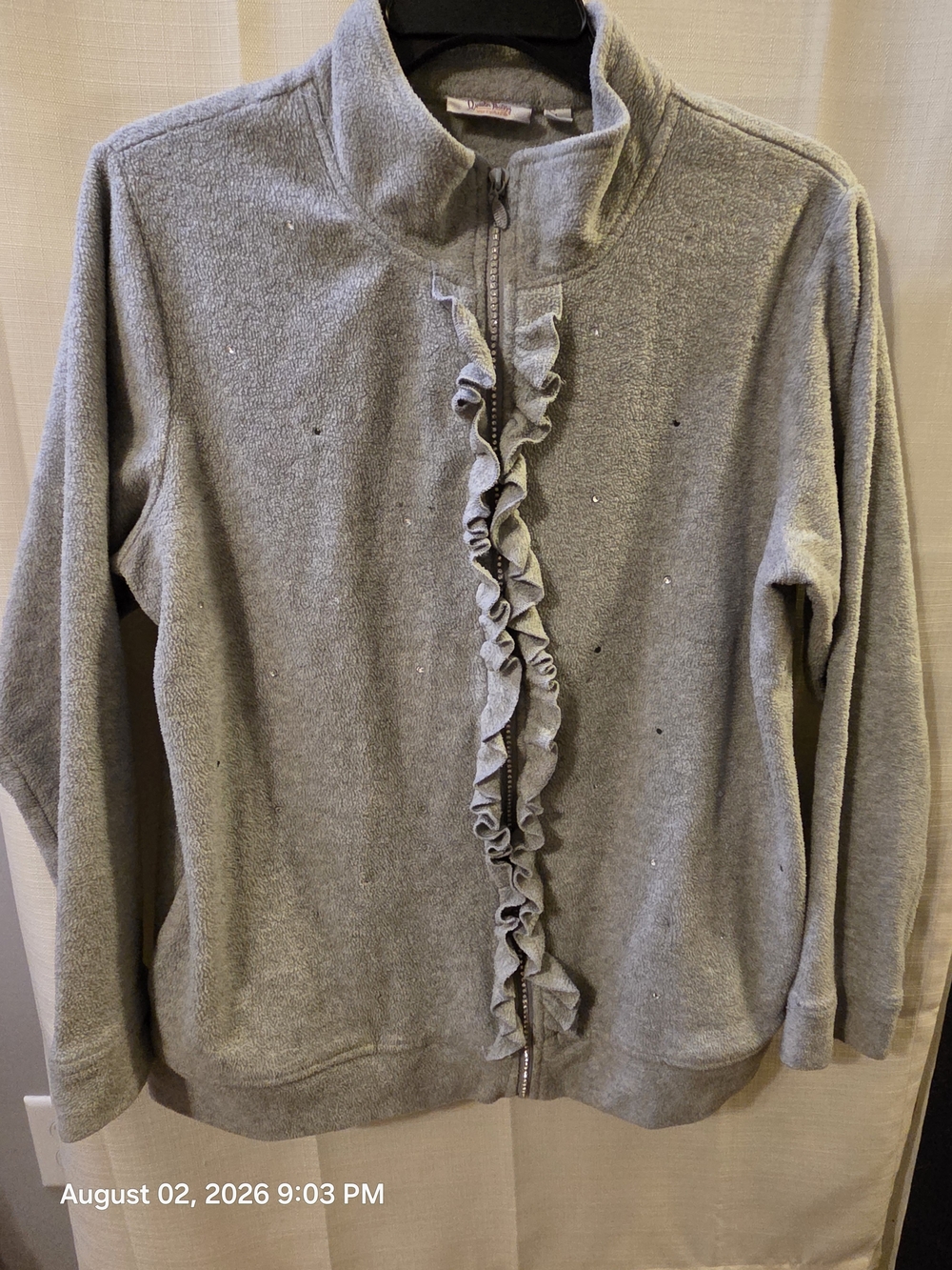 Gray Ruffle Zip-Front Fleece Jacket